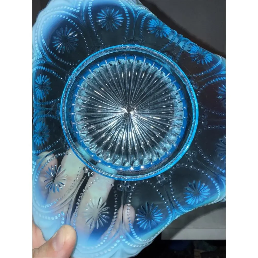 Antique Northwood Blue Opalescent Spokes & Wheels Trifold Footed Carnival Glass